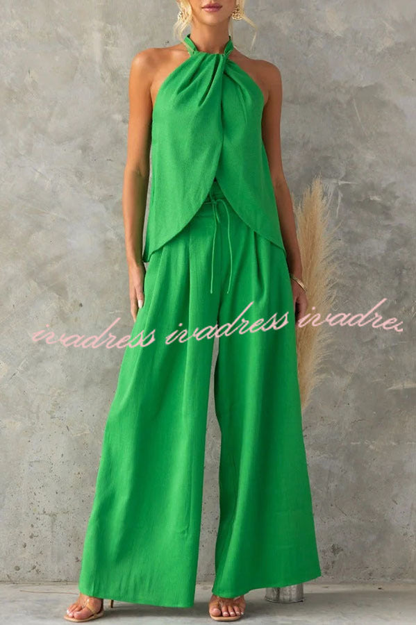 Gette Linen Blend Slit Front Top and High Rise Knoted Pocket Wide Leg Pants Set