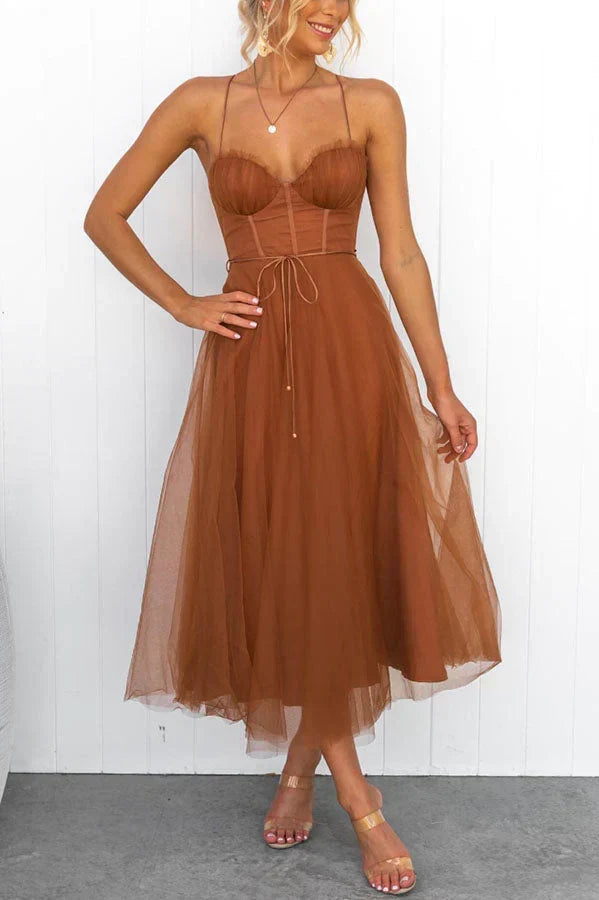 Sweetheart Neck Spaghetti Strap Corset Lace Up Tulle Skirt Midi Dress