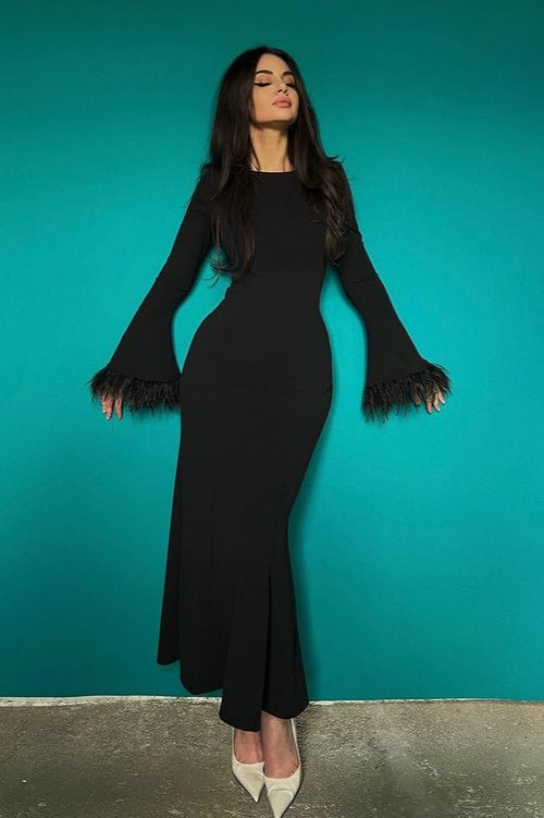 Feather Cuff Long Sleeve Crew Neck Mermaid Ruffle Hem Maxi Dress