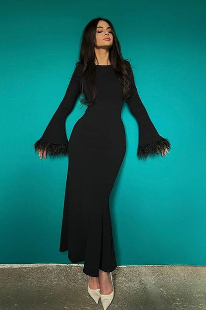 Feather Cuff Long Sleeve Crew Neck Mermaid Ruffle Hem Maxi Dress