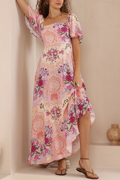 Plant Print Short-sleeved Square Neck Casual Pocket Holiday Midi Dress