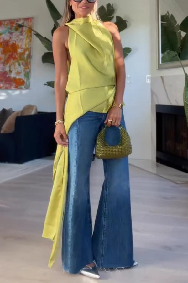 Misty Aura Satin Halter Tie-up Neck Open Back Drape Hem Top