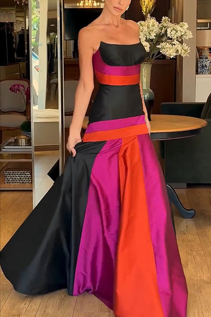 Reina Satin Color-block Strapless Fishtail Flared Hem Porm Maxi Dress