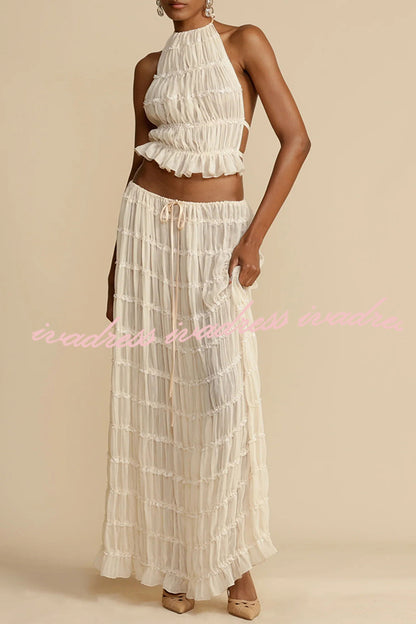 Versatility and Vintage Charm Pleated Drawstring Waist Tiered Maxi Skirt