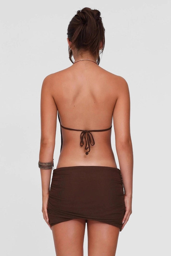 Halter Metal Ring Choker Side Cutout Ruched Bodycon Mini Dress