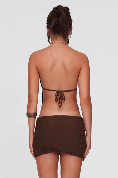 Halter Metal Ring Choker Side Cutout Ruched Bodycon Mini Dress