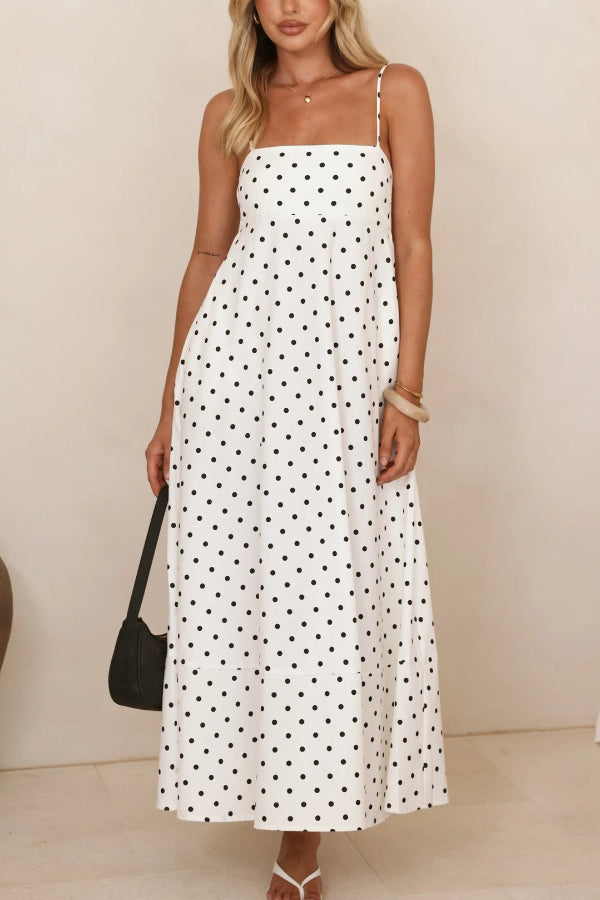 Polka Dot Print Square Neck Suspender Casual Pocket Maxi Dress