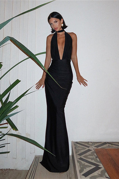 | V Neck Halter Backless High Slit Maxi Dress
