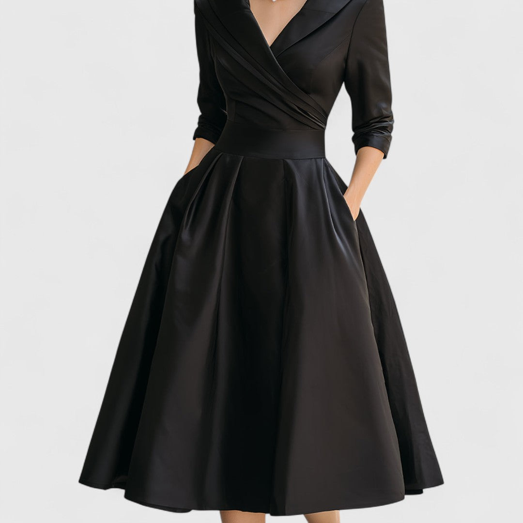 Shawl Collar Wrap Bodice Three Quarter Sleeve Pleated Pocket Midi Dress