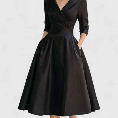 Shawl Collar Wrap Bodice Three Quarter Sleeve Pleated Pocket Midi Dress