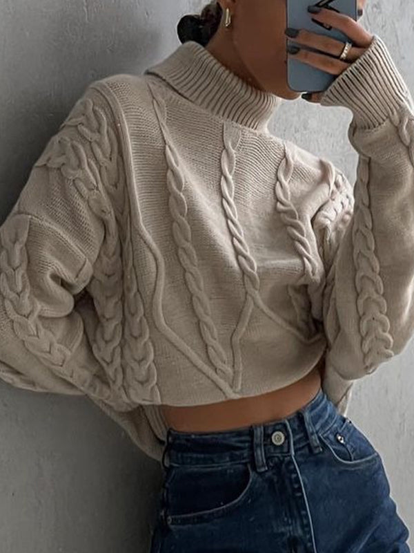 Solid Cable Knit High Neck Sweater