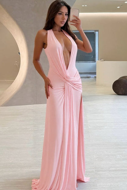 | Solid Halter Deep V Backless Slit Maxi Dress