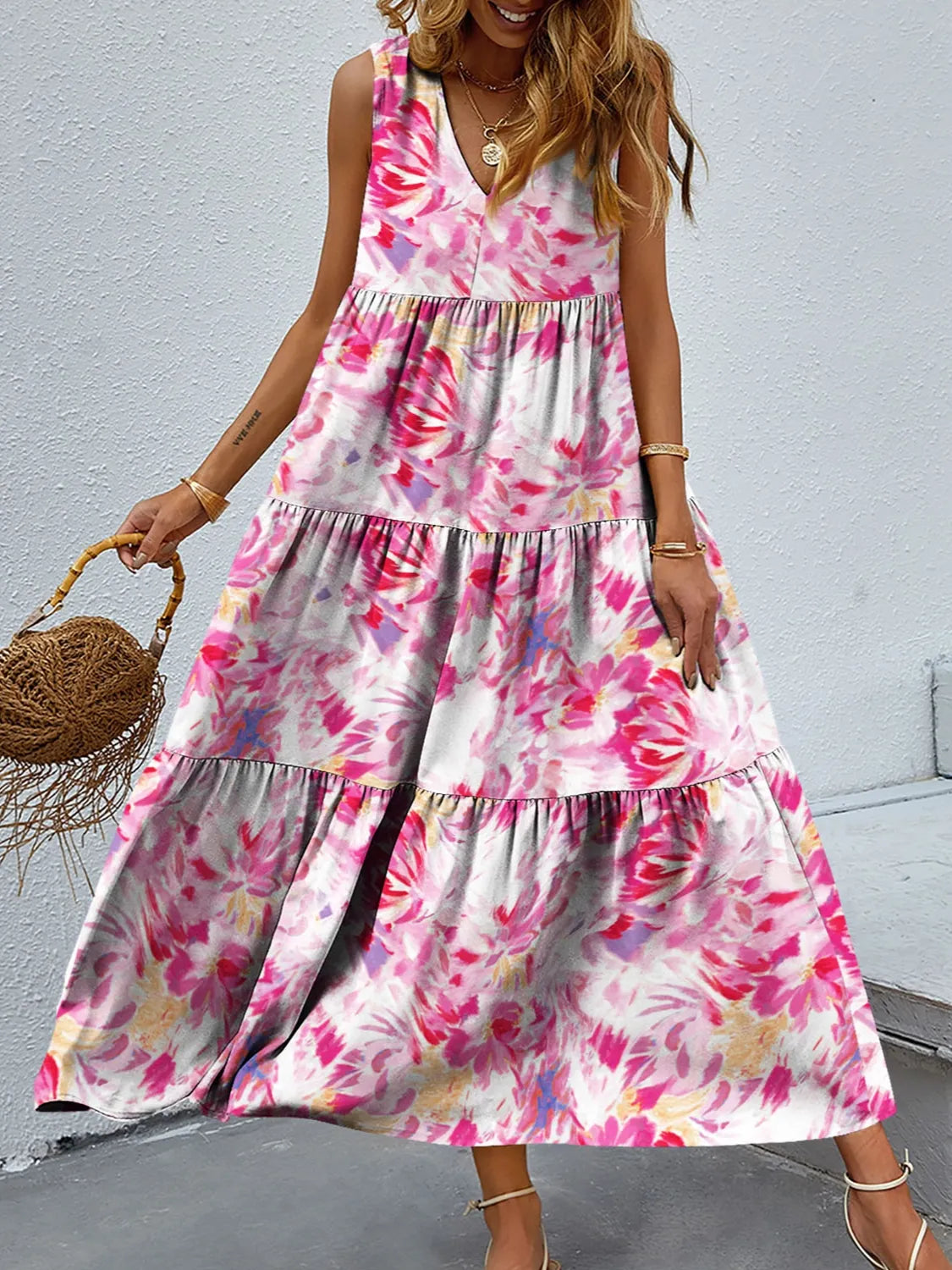 Abstract Floral Print Tiered V-Neck Sleeveless Maxi Dress