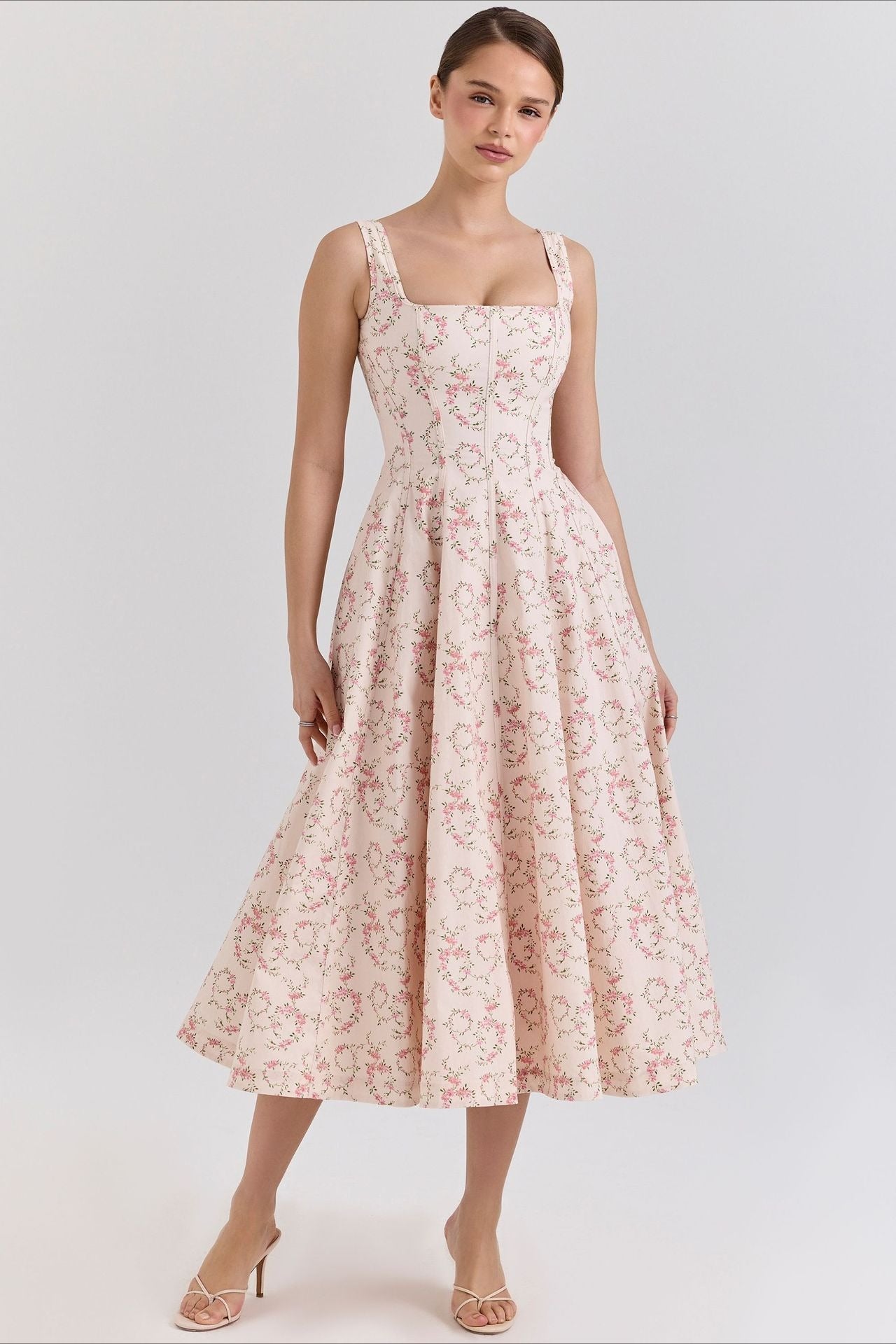 Square Neck Corset Bodice Floral Print Pocket Midi Dress