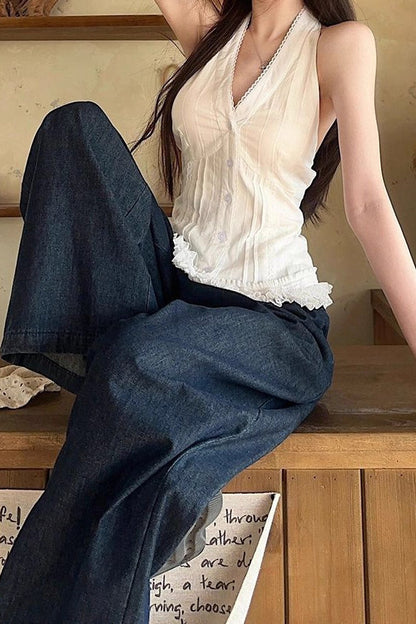 White Lace Trim V Neck Halter Waist Tie Tank Top