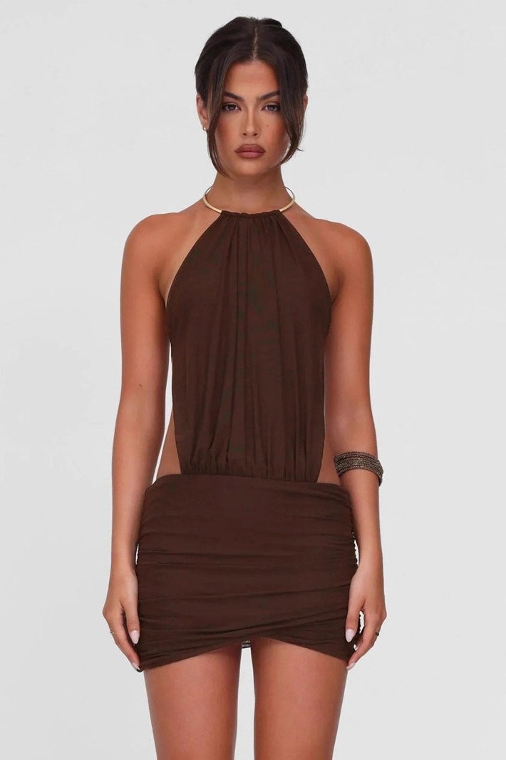 Halter Metal Ring Choker Side Cutout Ruched Bodycon Mini Dress