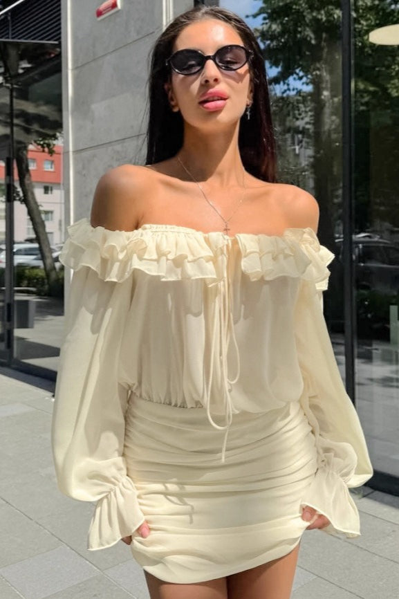 Off Shoulder Ruffle Trim Tie Front Lantern Sleeve Ruched Skirt Two Piece Set