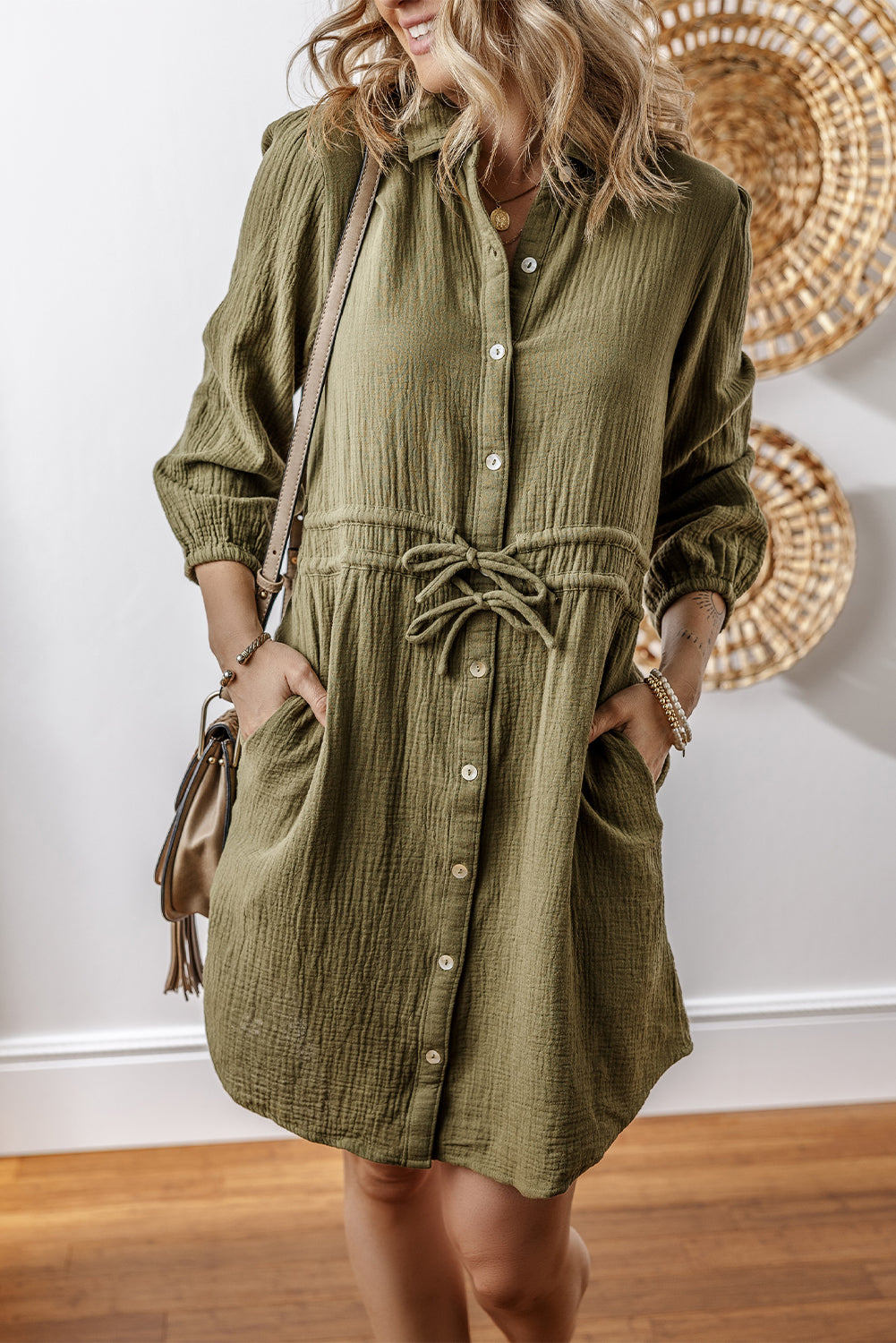 Crinkle Texture Collared Drawstring Waist Puff Sleeve Pocket Shirt Mini Dress