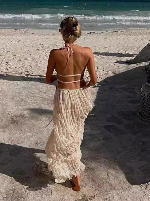 Textured Halter Neck Crop Top And Long Skirt 2 Piece Co-ord Set For Beach 2026