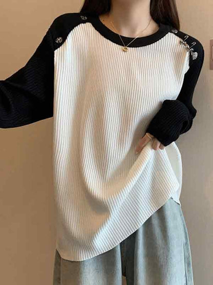 Contrast Color Splice Metal Decor Long Sleeve Knit
