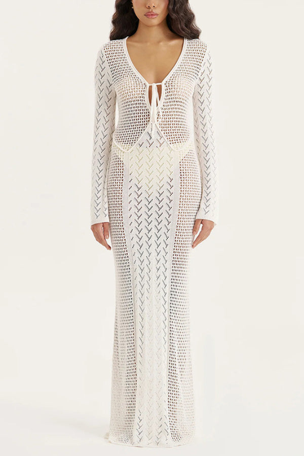 Solid Color Hollowed-out Long-sleeved V-neck Slim-fit Cover-up Maxi Dress