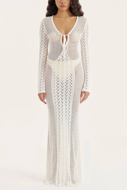 Solid Color Hollowed-out Long-sleeved V-neck Slim-fit Cover-up Maxi Dress