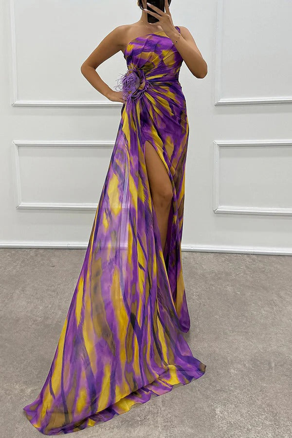 One-Shoulder Ruched Feather Floral Accent Marble Print High-Slit Maxi Gown
