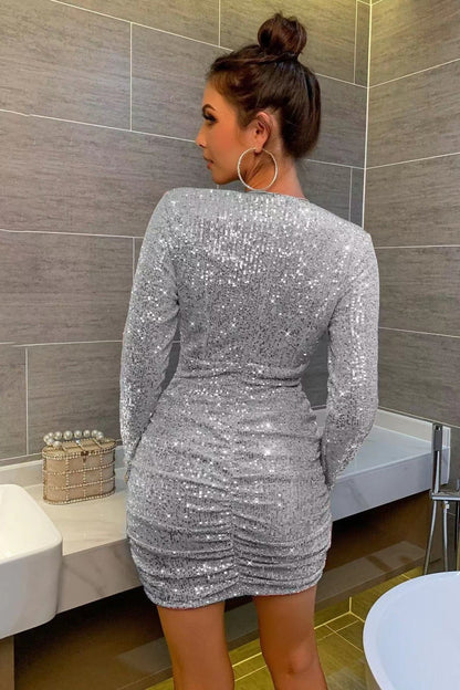 Deep V-Neck Long Sleeve Sequin Ruched Bodycon Mini Dress