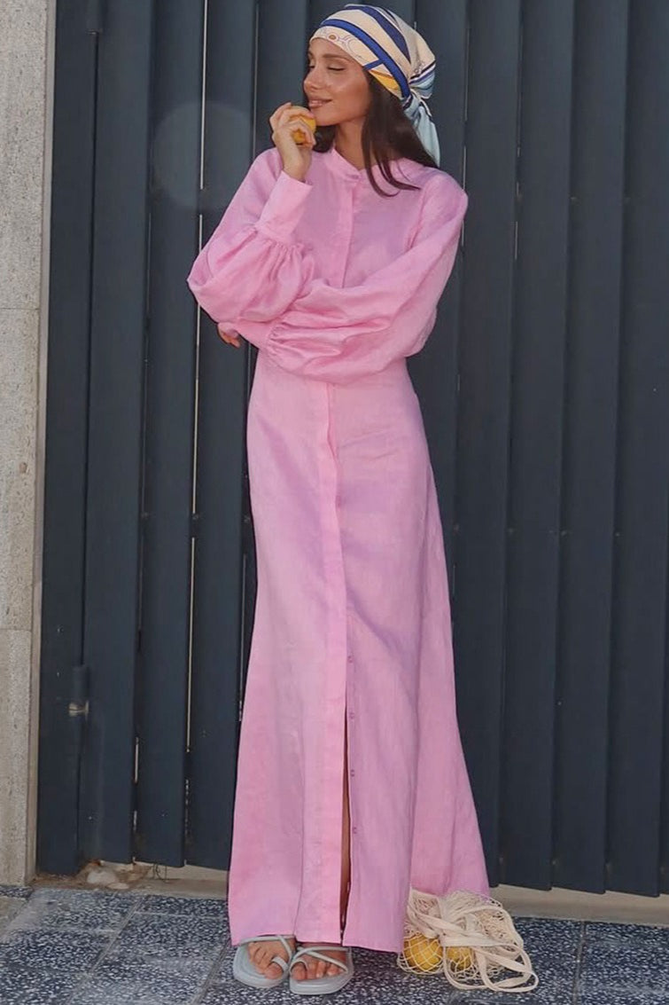 Mandarin Collar Button Front Puff Sleeve High Waist A-Line Linen Maxi Dress