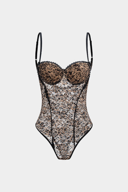 Leopard Print Lace Patchwork Backless Sleeveless Bodysuit