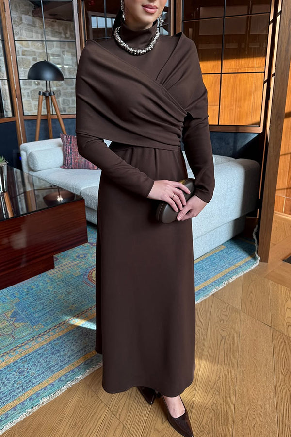 Solid Color High-neck Long-sleeved Crossover Waist Slim-fit Maxi Dress