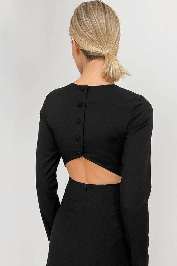 Crew Neck Long Sleeve Open Back Thigh Slit Bodycon Mini Dress