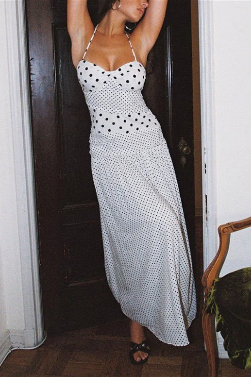 | Lace Square Neck Polka Dot Maxi Dress