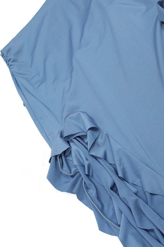 Strapless Ruched Bodycon Asymmetric Ruffle Hem High Split Midi Dress