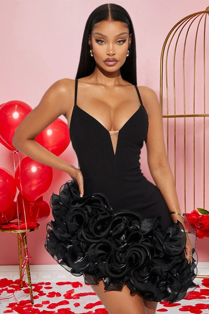 Spaghetti Strap Plunge V-Neck 3D Rosette Ruffle Mini Dress