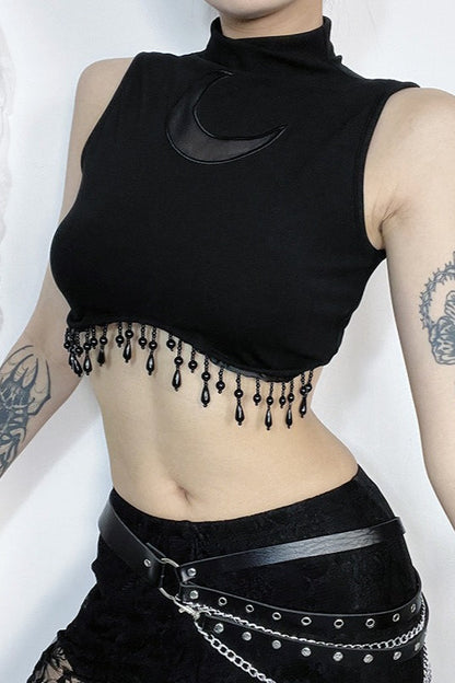 High Neck Sleeveless Moon Cutout Fringe Crop Top