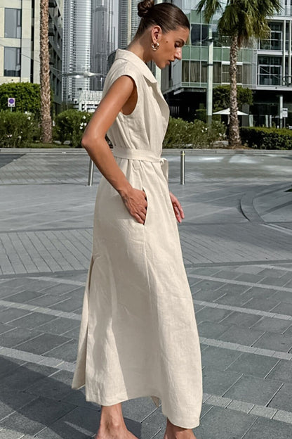 | Linen Cotton High Waist Slit Maxi Dress