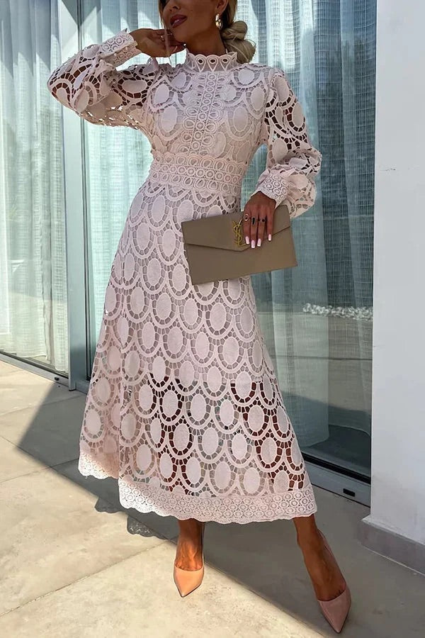Guipure Lace Mock Neck Lantern Sleeve Scalloped Hem Hollow Out Midi Dress