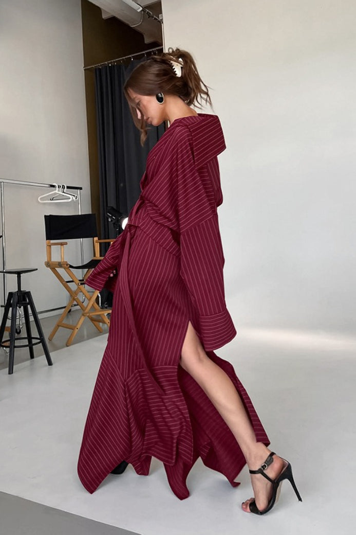 | Striped V-Neck Tie Fitted Waist Maxi Dress