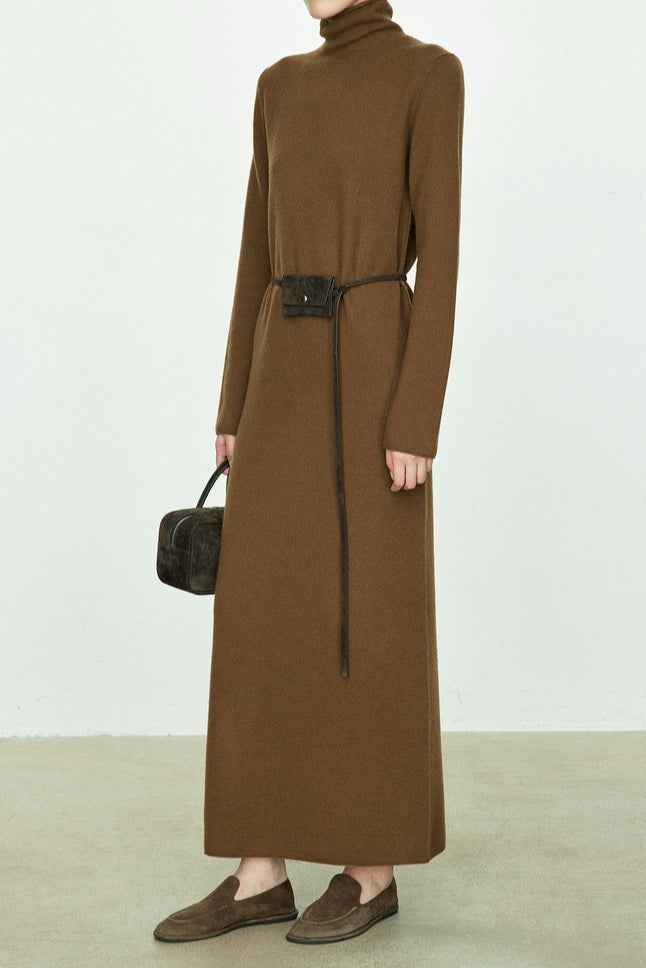 Turtleneck Long Sleeve Column Belted Knit Maxi Dress