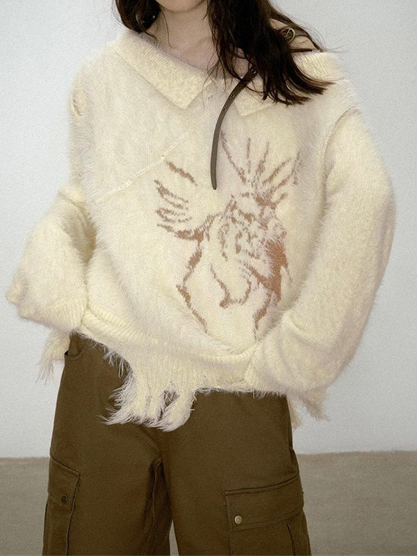 Plush Slanted Shoulder Belted Strap Tattered Hem Sweater
