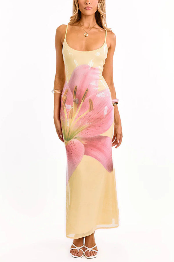 Floral Print Fashion Sequined Spaghetti Strap Backless Slim Fit Vacation Maxi Dress