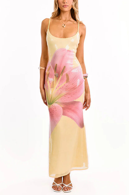 Floral Print Fashion Sequined Spaghetti Strap Backless Slim Fit Vacation Maxi Dress