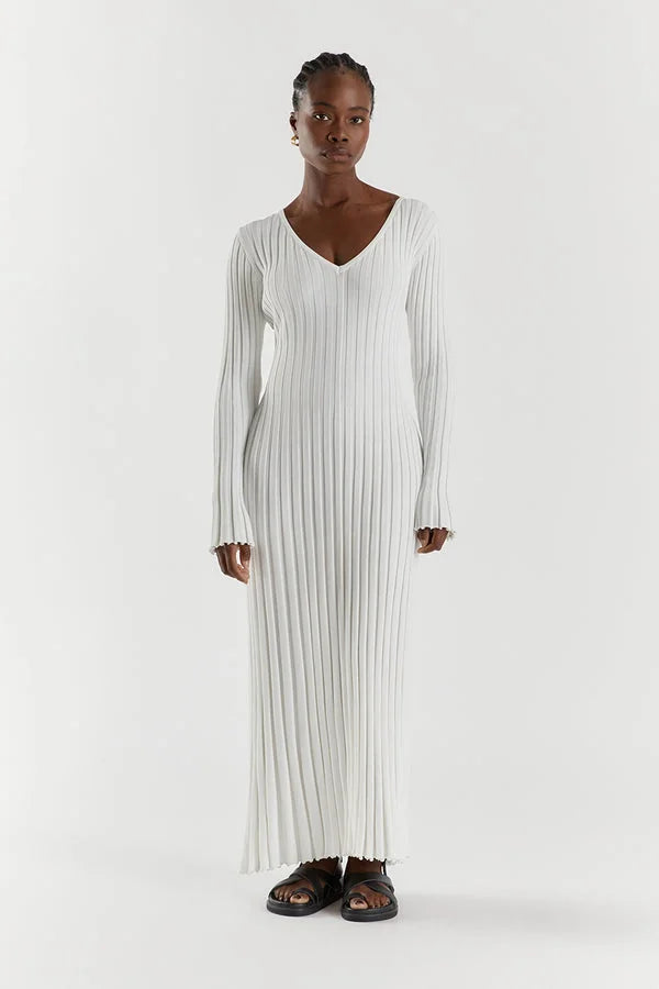 Rib Knit Deep V-Neck Long Sleeve Lettuce Hem Column Maxi Dress