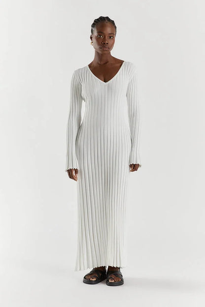 Rib Knit Deep V-Neck Long Sleeve Lettuce Hem Column Maxi Dress