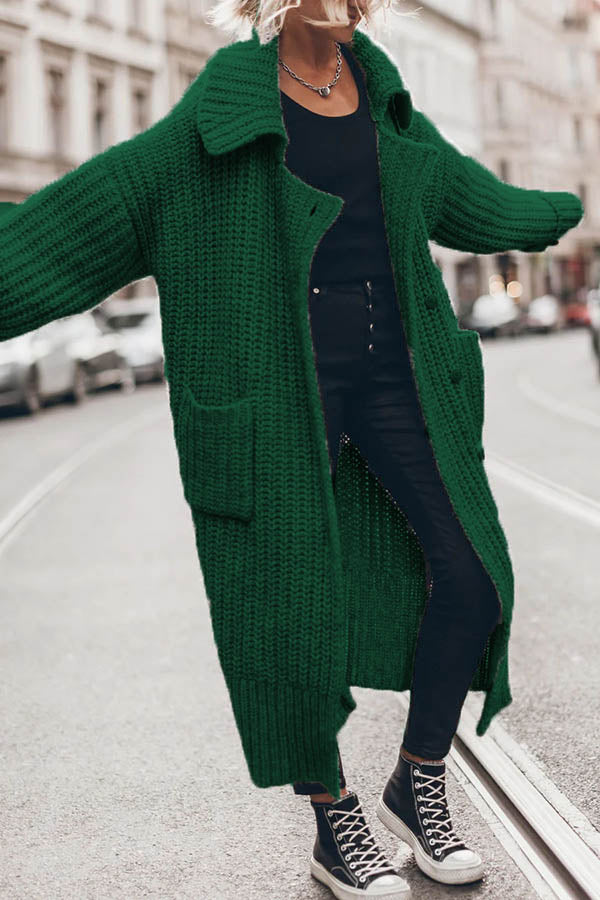 Chunky and Warm Knit Button Pocketed Oversized Midi Cardigan