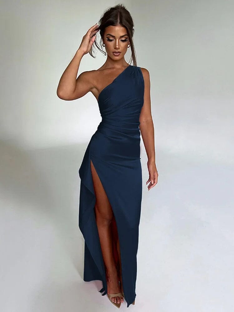 One-Shoulder Ruched Bodice Ruffle Trim High Slit Maxi Gown