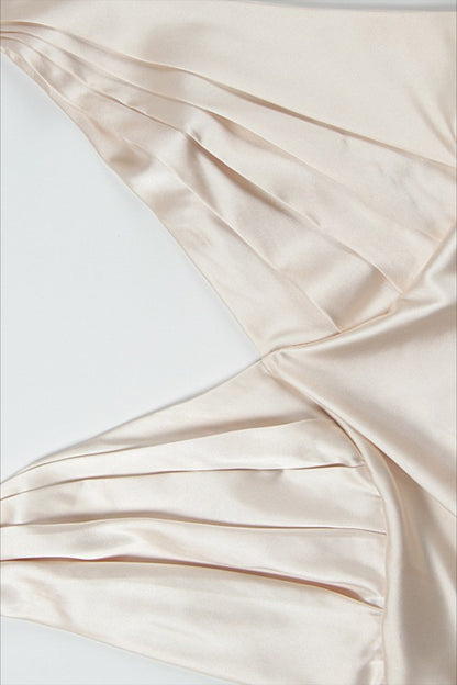 Halter Deep V Neck Ruched Hip Cascade Ruffle High Slit Satin Maxi Dress