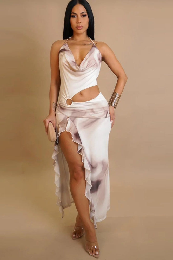 Halter Cowl Neck Cutout Ring Detail Ruffle Trim Side Slit Maxi Dress