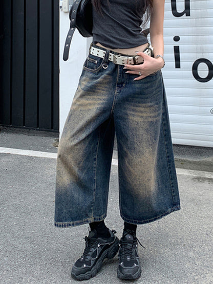Vintage Distressed Wide Leg Denim Shorts